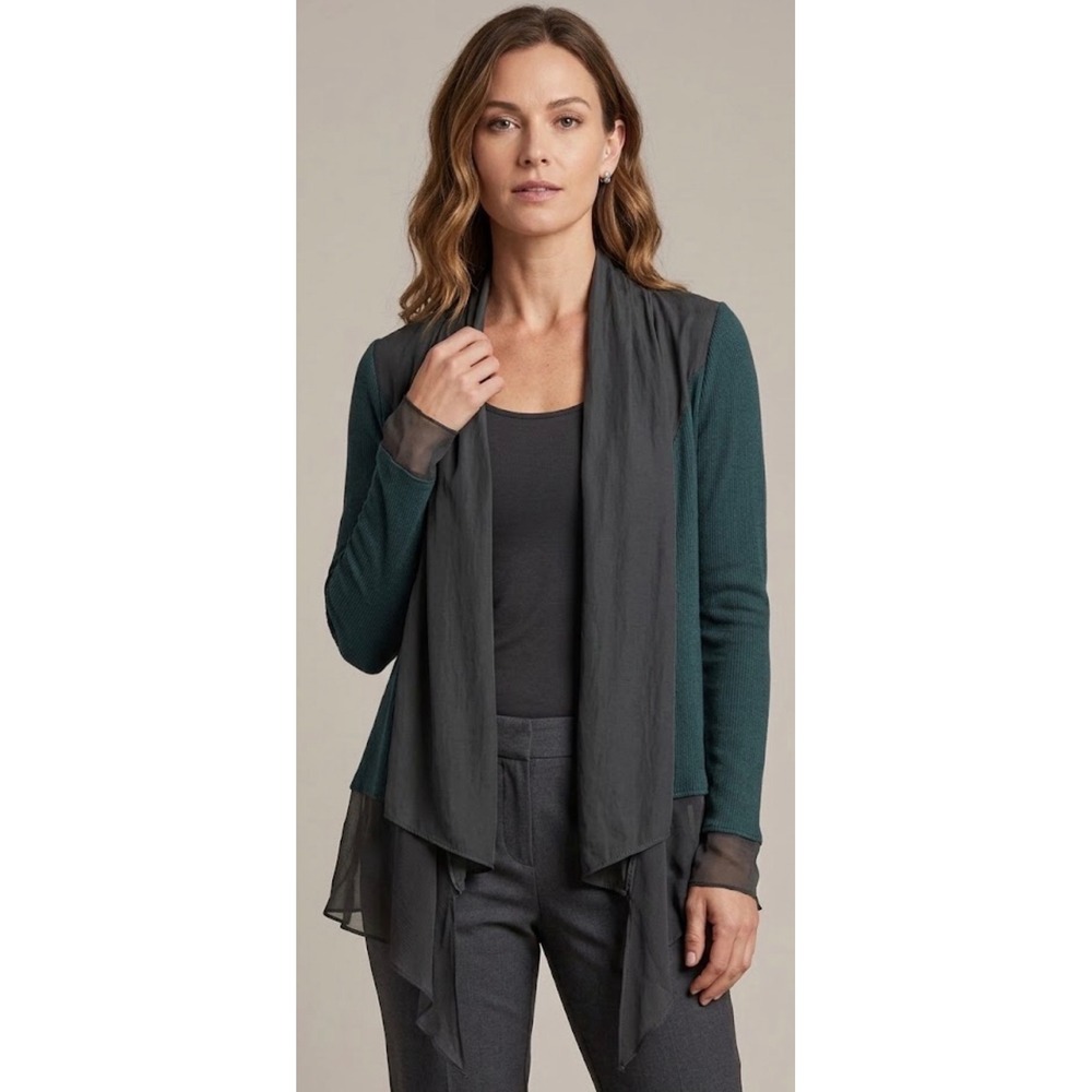 Lola & Sophie Mixed Media Open Front Cardigan Green Grey Ribbed Chiffon Medium